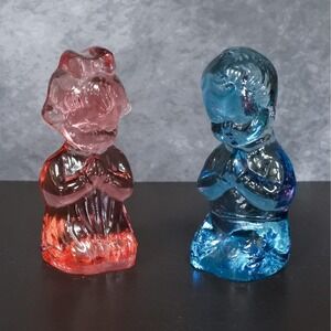 Vintage Viking Glass Praying Boy & Girl Blue Pink Glass Bookends